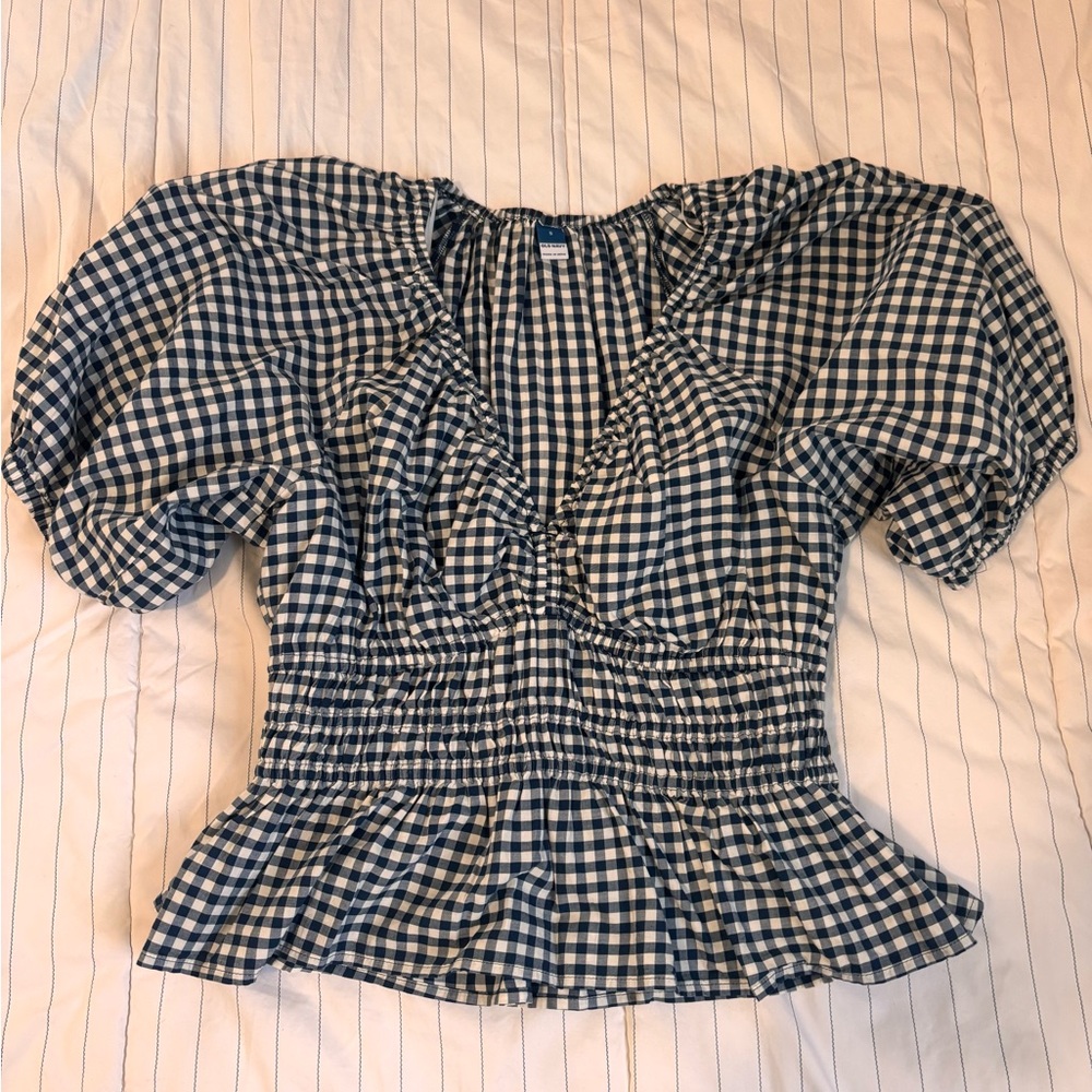 Old Navy Blue Checkered Puff Sleeve Blouse